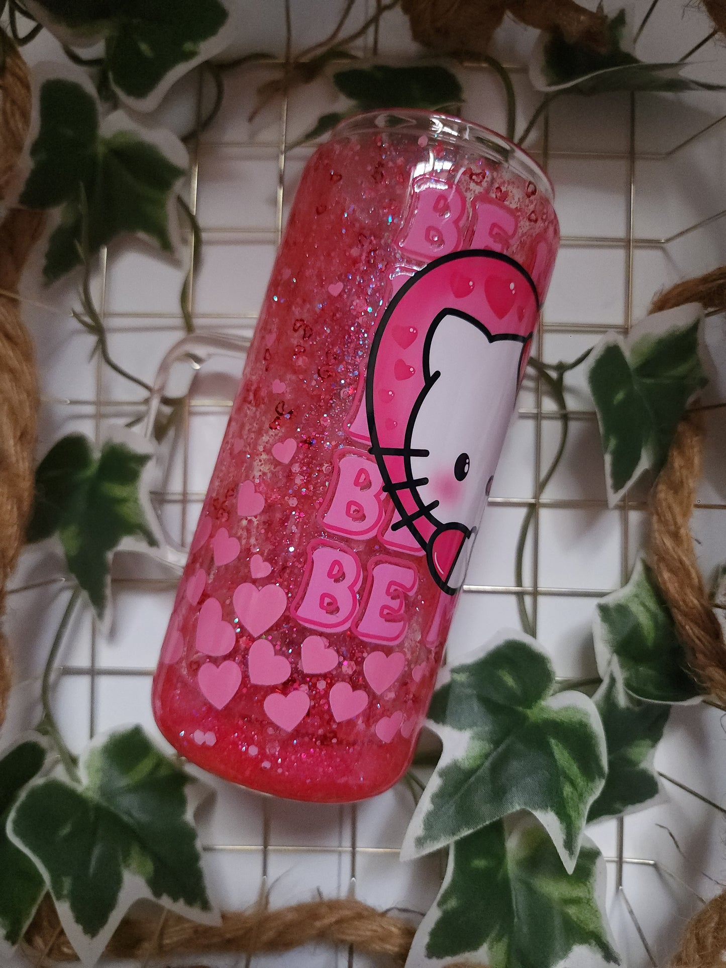Hello Pink Hearts Glass Snowglobe