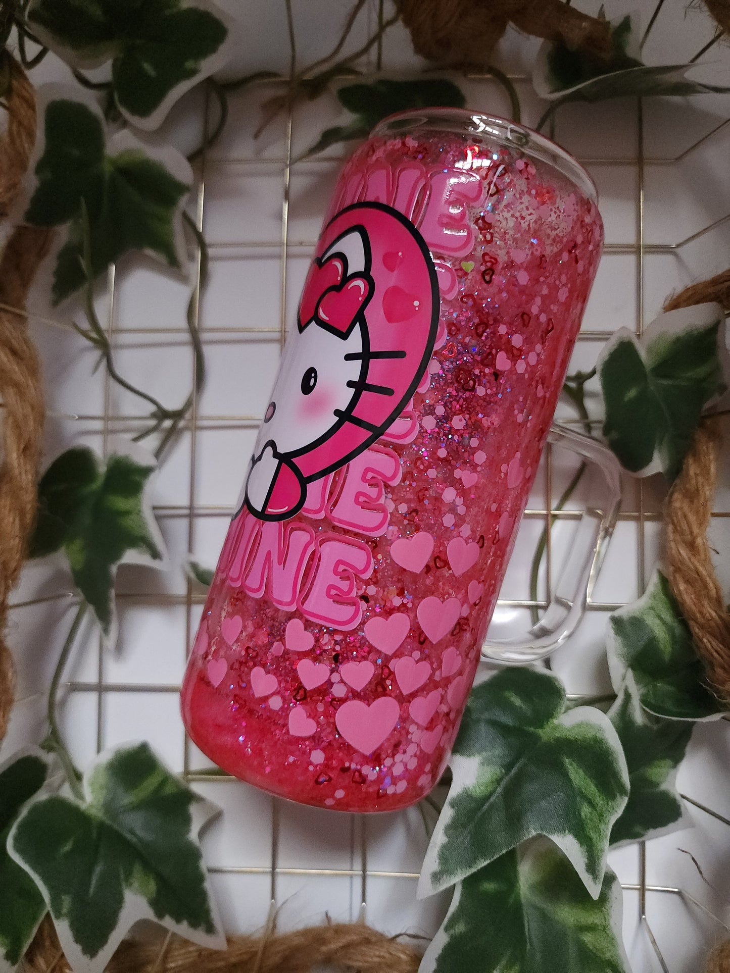 Hello Pink Hearts Glass Snowglobe